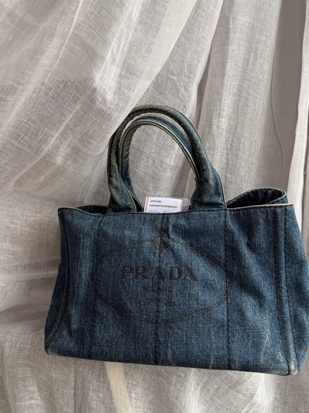 Prada Canapa Large Denim Tote Blue Canvas Shoulder Bag Italy / COA